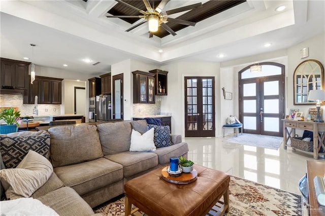 13500 35th St, Edinburg, TX 78541 - living area with french doors, recessed lighting, a raised ceiling, a ceiling fan, and light tile patterned flooring
