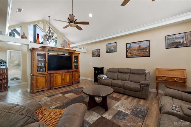 living room featuring high vaulted ceiling, ceiling fan, and dark wood-type flooring