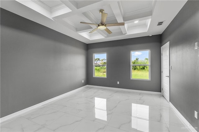 empty room featuring coffered ceiling, visible vents, and baseboards