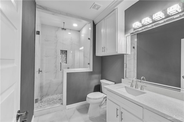 bathroom featuring a marble finish shower, visible vents, toilet, marble finish floor, and vanity