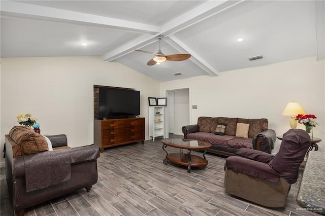 living room with hardwood / wood-style floors, vaulted ceiling with beams, and ceiling fan