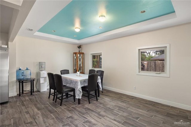 dining room featuring a raised ceiling and dark wood-type flooring