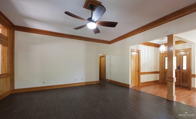 unfurnished room featuring ceiling fan, ornamental molding, hardwood / wood-style floors, and ornate columns