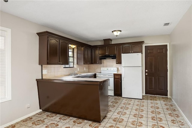 kitchen featuring kitchen peninsula, decorative backsplash, dark brown cabinets, and white appliances