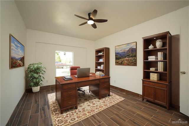 office area with dark hardwood / wood-style floors and ceiling fan