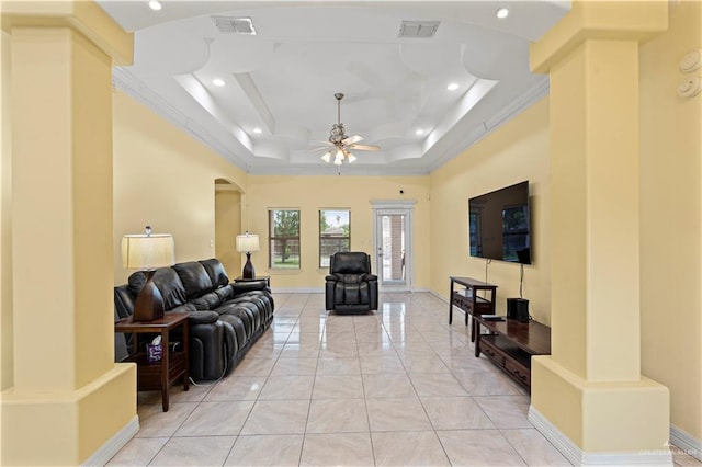 1800 E 24th St, Mission, TX 78574 - living area with crown molding, a ceiling fan, visible vents, and recessed lighting