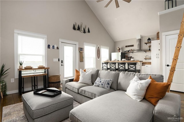 1053 Johnson Rd, Santa Fe, TX 77617 - living room with high vaulted ceiling, ceiling fan, and wood finished floors