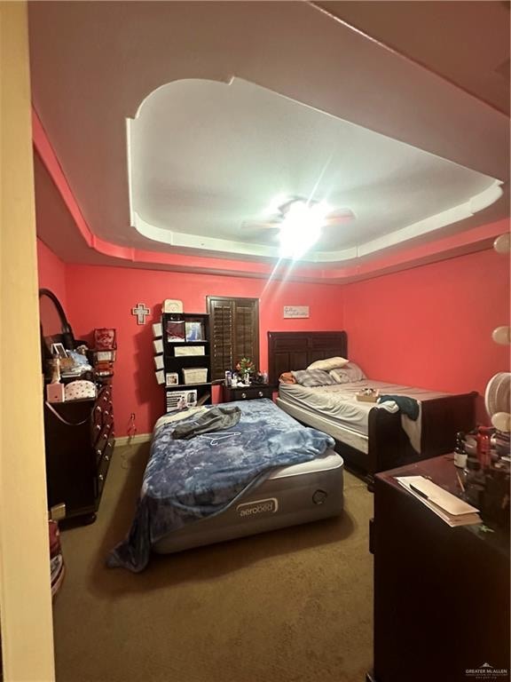 bedroom featuring a raised ceiling, ceiling fan, and carpet floors