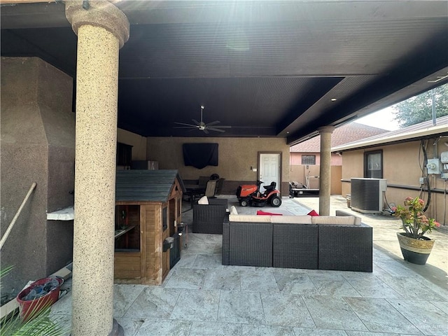 view of patio with an outdoor hangout area, central AC unit, and ceiling fan