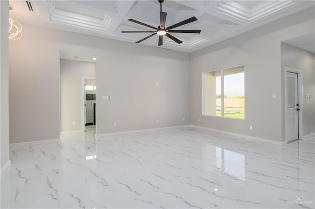 spare room featuring baseboards, coffered ceiling, a ceiling fan, marble finish floor, and beam ceiling