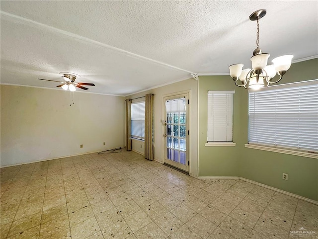 2417 W Iris Ave, Mcallen, TX 78501 - unfurnished room with a chandelier, ornamental molding, tile patterned floors, a textured ceiling, and a ceiling fan