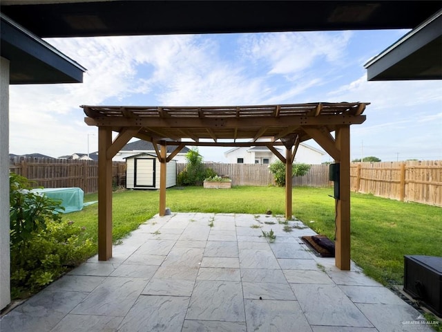 view of patio with a pergola and a storage shed