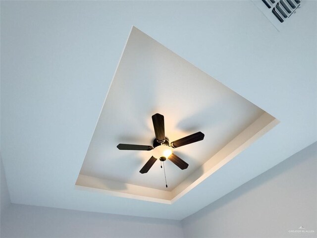 details with a tray ceiling and ceiling fan