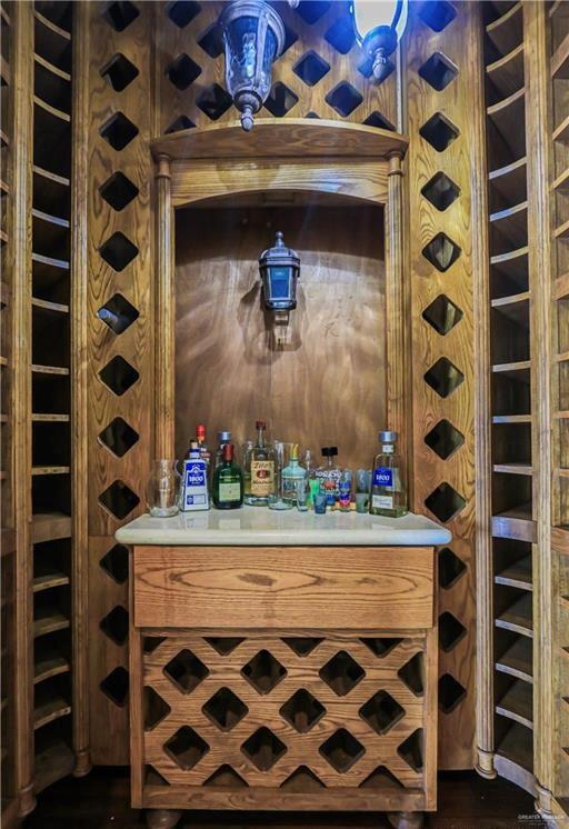 wine cellar with dark hardwood / wood-style flooring and bar