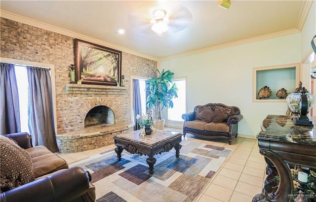 living room with a fireplace, light tile patterned floors, ceiling fan, and crown molding