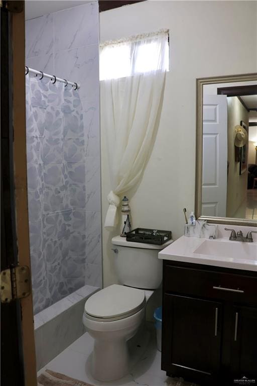 bathroom with a shower with curtain, toilet, and vanity