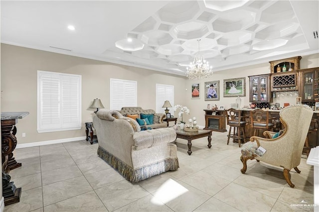 tiled living room with ornamental molding, indoor bar, and an inviting chandelier