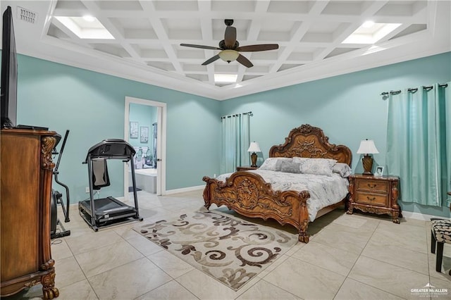 bedroom with beam ceiling, ensuite bathroom, coffered ceiling, and ceiling fan