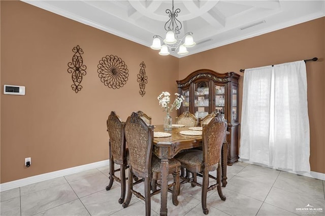 tiled dining space featuring coffered ceiling, a notable chandelier, beam ceiling, and ornamental molding