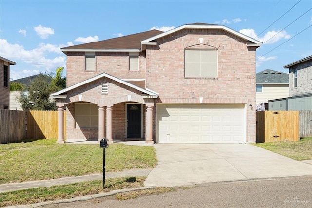 traditional-style home featuring driveway, a garage, brick siding, fence, and a front yard