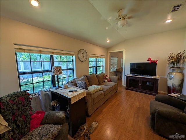 106 Resaca Shores Dr S, Los Fresnos, TX 78566 - living area with a ceiling fan, wood finished floors, lofted ceiling, and recessed lighting