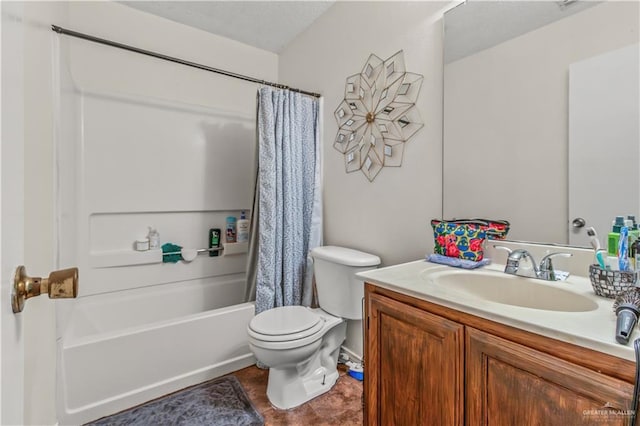 full bathroom featuring vanity, shower / tub combo, and toilet