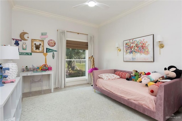 bedroom with carpet, ceiling fan, and ornamental molding