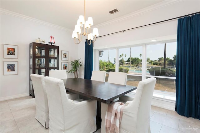 tiled dining space featuring a chandelier, a healthy amount of sunlight, and ornamental molding