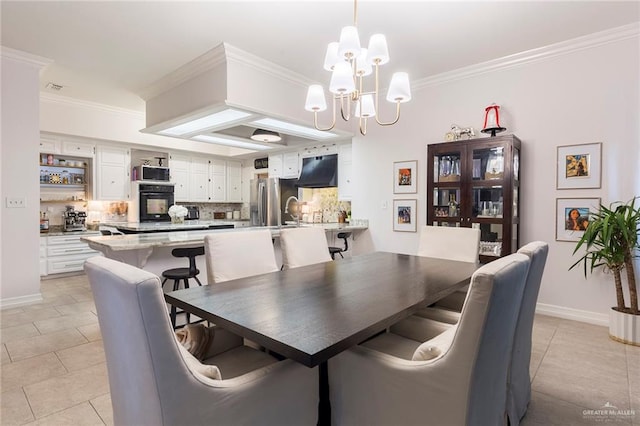 dining space featuring an inviting chandelier, crown molding, and light tile patterned flooring