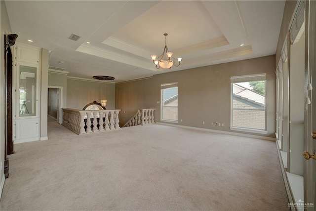 spare room with a tray ceiling, a healthy amount of sunlight, and light colored carpet