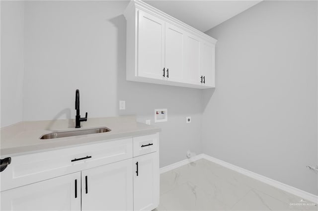1915 Chandler Cir, Edinburg, TX 78542 - washroom with hookup for a washing machine, cabinet space, hookup for an electric dryer, and light marble finish floors
