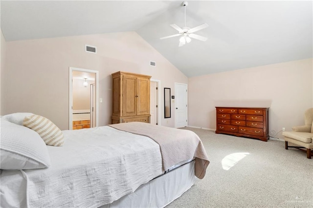 bedroom featuring ceiling fan, visible vents, connected bathroom, and light colored carpet