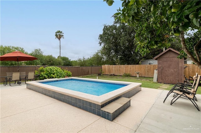 605 W Lozano St, Harlingen, TX 78550 - view of swimming pool with a shed, a fenced backyard, and a patio