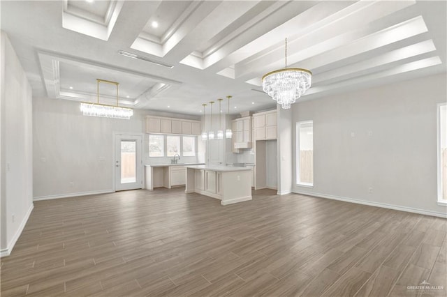 4312 Xenops Ave, Mcallen, TX 78503 - unfurnished living room with a chandelier, wood finished floors, a tray ceiling, baseboards, and recessed lighting