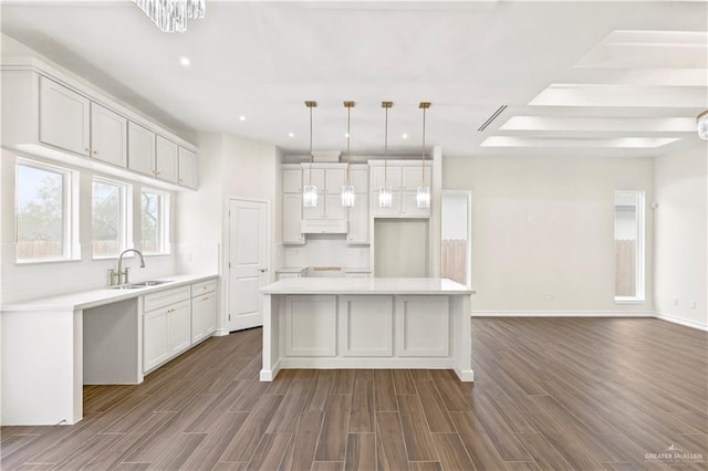 4312 Xenops Ave, Mcallen, TX 78503 - kitchen featuring a sink, a center island, dark wood-style floors, white cabinetry, and light countertops