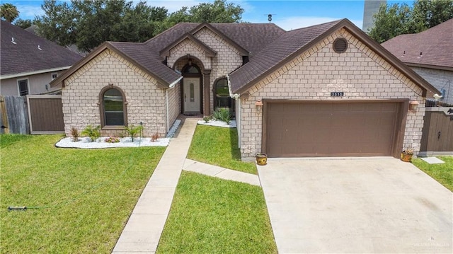 3515 Burr Dr, Edinburg, TX 78542 - french country inspired facade with an attached garage, concrete driveway, a shingled roof, and stone siding