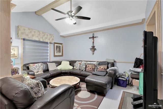 tiled living room with ceiling fan and lofted ceiling with beams