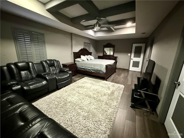 812 W Falcon Ave, Pharr, TX 78577 - bedroom with coffered ceiling, dark wood-style flooring, beamed ceiling, and a ceiling fan