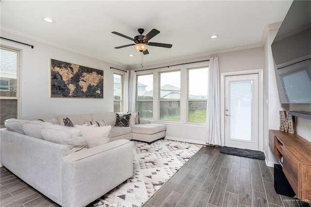 6101 White River Dr, Mcallen, TX 78504 - living room with crown molding, a ceiling fan, baseboards, recessed lighting, and wood finished floors