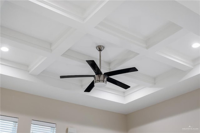 room details with beamed ceiling, recessed lighting, and coffered ceiling