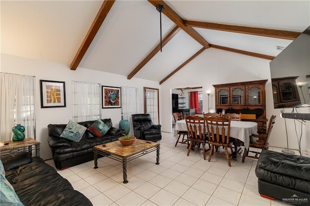 living room featuring high vaulted ceiling, light tile patterned flooring, plenty of natural light, and beam ceiling