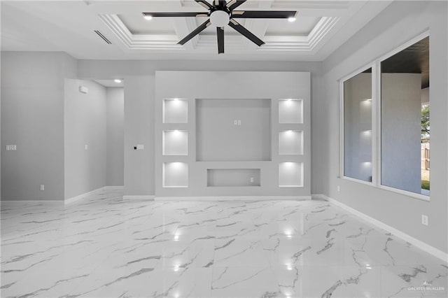 unfurnished living room with coffered ceiling, marble finish floor, baseboards, visible vents, and a ceiling fan