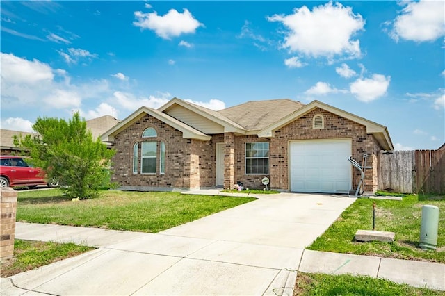 3292 Turquia St, Brownsville, TX 78520 - ranch-style house with fence, a front lawn, brick siding, a garage, and driveway