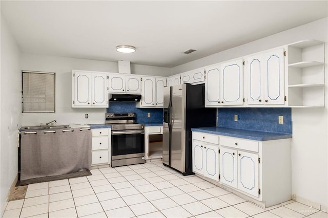 kitchen with sink, light tile patterned floors, stainless steel appliances, decorative backsplash, and white cabinets