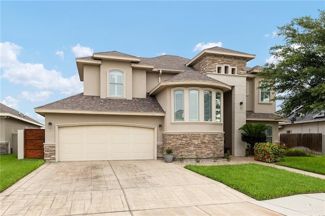 2509 Mcleod Ave, Edinburg, TX 78539 - view of front facade with stucco siding, stone siding, a garage, and driveway