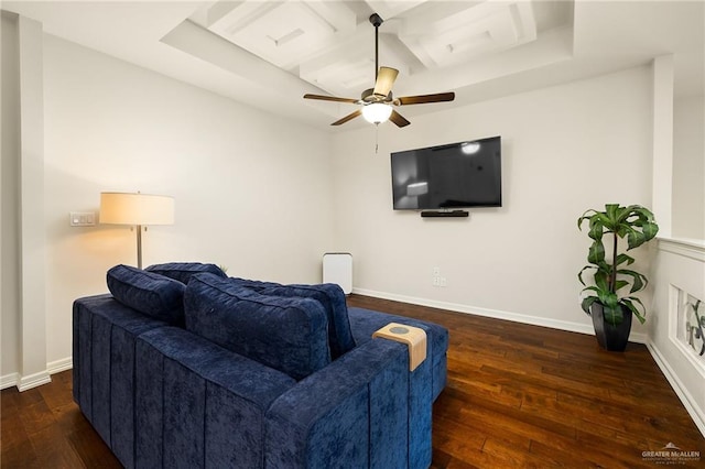 2509 Mcleod Ave, Edinburg, TX 78539 - living area featuring hardwood / wood-style flooring, coffered ceiling, ceiling fan, baseboards, and beamed ceiling