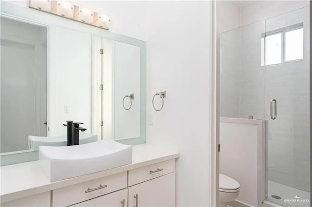 bathroom with vanity, toilet, and a shower with shower door