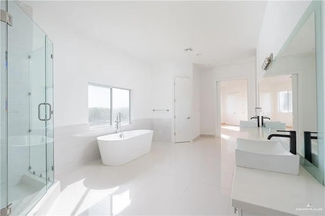 bathroom with separate shower and tub and vanity