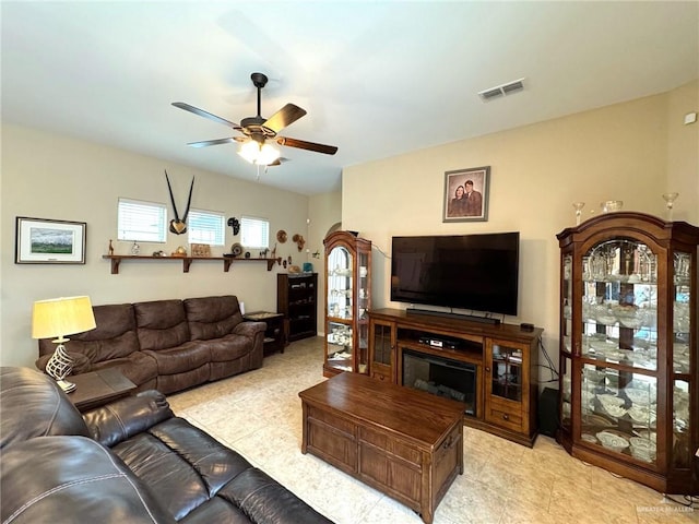 living room featuring ceiling fan