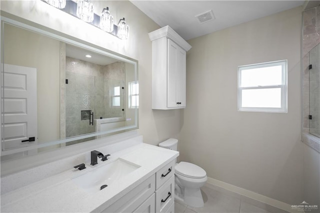 full bathroom with a stall shower, visible vents, and toilet